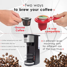Load image into Gallery viewer, Mixpresso Single Serve Coffee Brewer K-Cup Pods Compatible &amp; Ground Coffee, 30 oz Compact Coffee Maker Single Serve With 5 Brew Sizes Up To 14 Oz, Fits Travel Mug, Adjustable Drip Tray, Black