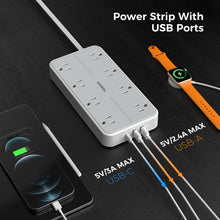Load image into Gallery viewer, Power Strip Surge Protector, TESSAN Flat Plug Extension Cord with 8 Outlets 3 USB Charger(1 USB C), 1080 Joules Protection, Wall Mountable Charging Station for Home Office School Dorm Room Essentials