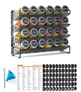 SpaceAid Spice Rack Organizer with 28 Spice Jars, 386 Spice Labels, Chalk Marker and Funnel Set for Cabinet, Countertop, Pantry, Cupboard or Door & Wall Mount - 28 Jars, 13.4" W × 10.8" H, Black