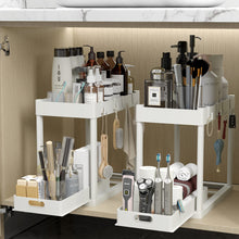 Load image into Gallery viewer, 2PC Under Sink Organizer Rack 2 Tier Under Sliding Cabinet Basket Organizer Drawer with 4 Hooks, Multi-purpose Under Sink Storage for Bathroom Kitchen Desktop（Black）