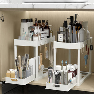 2PC Under Sink Organizer Rack 2 Tier Under Sliding Cabinet Basket Organizer Drawer with 4 Hooks, Multi-purpose Under Sink Storage for Bathroom Kitchen Desktop（Black）