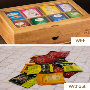 Bamboo Tea Bag Organizer Storage Box with Drawer & Acrylic Window - Magnetic Lid Keeps Contents Fresh - Ideal Mothers Day Gifts for Mom - Gift Caddy (Tea Not Included)