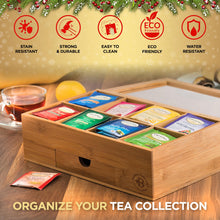 Load image into Gallery viewer, Bamboo Tea Bag Organizer Storage Box with Drawer &amp; Acrylic Window - Magnetic Lid Keeps Contents Fresh - Ideal Mothers Day Gifts for Mom - Gift Caddy (Tea Not Included)
