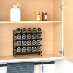 SpaceAid Spice Rack Organizer with 28 Spice Jars, 386 Spice Labels, Chalk Marker and Funnel Set for Cabinet, Countertop, Pantry, Cupboard or Door & Wall Mount - 28 Jars, 13.4" W × 10.8" H, Black