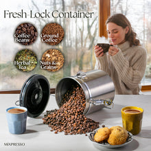 Load image into Gallery viewer, Mixpresso Green Coffee Canister, 16oz Airtight Stainless Steel Kitchen Food Storage Container with Clear Lid and Spoon. for Grounds Coffee, Beans, Tea, Flour, Cereal, Vacuum Sealed Sugar Container