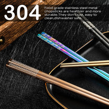 Load image into Gallery viewer, 8 Pairs Metal Chopsticks Reusable 18/8 Stainless Steel Chopsticks Set Cute Laser Engraved Non-slip Japanese Korean Chinese Chopstick for Cooking Eating Dishwasher Safe 9.25&quot; Chop Sticks Gift Set