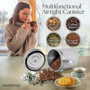 Mixpresso Green Coffee Canister, 16oz Airtight Stainless Steel Kitchen Food Storage Container with Clear Lid and Spoon. for Grounds Coffee, Beans, Tea, Flour, Cereal, Vacuum Sealed Sugar Container