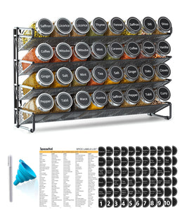 SpaceAid Spice Rack Organizer with 28 Spice Jars, 386 Spice Labels, Chalk Marker and Funnel Set for Cabinet, Countertop, Pantry, Cupboard or Door & Wall Mount - 28 Jars, 13.4" W × 10.8" H, Black