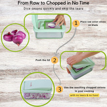Load image into Gallery viewer, Brieftons QuickPush Food Chopper: Vegetable Dicer Slicer, Onion Cutter, 3 Extra-Large Blades with 200% More Cutting Area to Chop Dice Slice Vegetables, 2.6-Quart Container