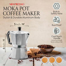 Load image into Gallery viewer, Mixpresso 3 Cup Moka Pot Coffee Maker for Gas, Electric Stove Top, Classic Italian Espresso Maker, Stovetop for Camping, Makes 5 Oz Cuban Coffee