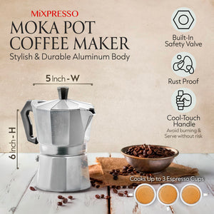 Mixpresso 3 Cup Moka Pot Coffee Maker for Gas, Electric Stove Top, Classic Italian Espresso Maker, Stovetop for Camping, Makes 5 Oz Cuban Coffee
