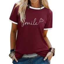 Load image into Gallery viewer, Womens T Shirts Short Sleeve Crewneck Color Block Smile Letter Graphic