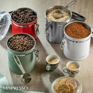 Mixpresso Green Coffee Canister, 16oz Airtight Stainless Steel Kitchen Food Storage Container with Clear Lid and Spoon. for Grounds Coffee, Beans, Tea, Flour, Cereal, Vacuum Sealed Sugar Container
