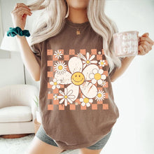 Load image into Gallery viewer, Checkered Smiley Flowers Shirt, Retro Smile Face T-Shirt, Trendy Vinta