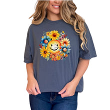 Load image into Gallery viewer, Sunflower Smiley Tee, Happy Floral Print Shirt, Cute Sun and Flowers G