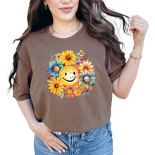 Load image into Gallery viewer, Sunflower Smiley Tee, Happy Floral Print Shirt, Cute Sun and Flowers G