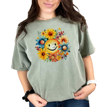 Load image into Gallery viewer, Sunflower Smiley Tee, Happy Floral Print Shirt, Cute Sun and Flowers G