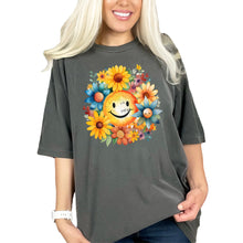 Load image into Gallery viewer, Sunflower Smiley Tee, Happy Floral Print Shirt, Cute Sun and Flowers G
