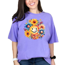 Load image into Gallery viewer, Sunflower Smiley Tee, Happy Floral Print Shirt, Cute Sun and Flowers G