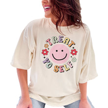 Load image into Gallery viewer, Treat Yo Self with a Happy or Smiling Face and Flowers Art, White Comf