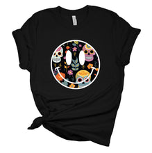 Load image into Gallery viewer, Womens Halloween Tshirt Sugar Skull Skeleton Happy Face Smile Short Sl