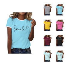 Load image into Gallery viewer, Womens T Shirts Short Sleeve Crewneck Color Block Smile Letter Graphic