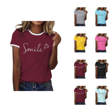 Load image into Gallery viewer, Womens T Shirts Short Sleeve Crewneck Color Block Smile Letter Graphic