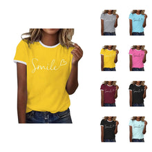 Load image into Gallery viewer, Womens T Shirts Short Sleeve Crewneck Color Block Smile Letter Graphic