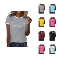 Load image into Gallery viewer, Womens T Shirts Short Sleeve Crewneck Color Block Smile Letter Graphic