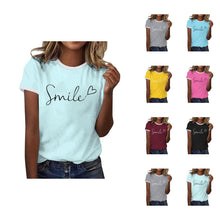 Load image into Gallery viewer, Womens T Shirts Short Sleeve Crewneck Color Block Smile Letter Graphic