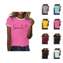 Load image into Gallery viewer, Womens T Shirts Short Sleeve Crewneck Color Block Smile Letter Graphic