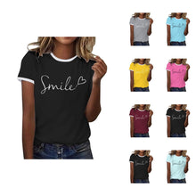 Load image into Gallery viewer, Womens T Shirts Short Sleeve Crewneck Color Block Smile Letter Graphic