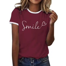 Load image into Gallery viewer, Womens T Shirts Short Sleeve Crewneck Color Block Smile Letter Graphic