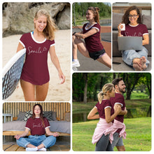 Load image into Gallery viewer, Womens T Shirts Short Sleeve Crewneck Color Block Smile Letter Graphic